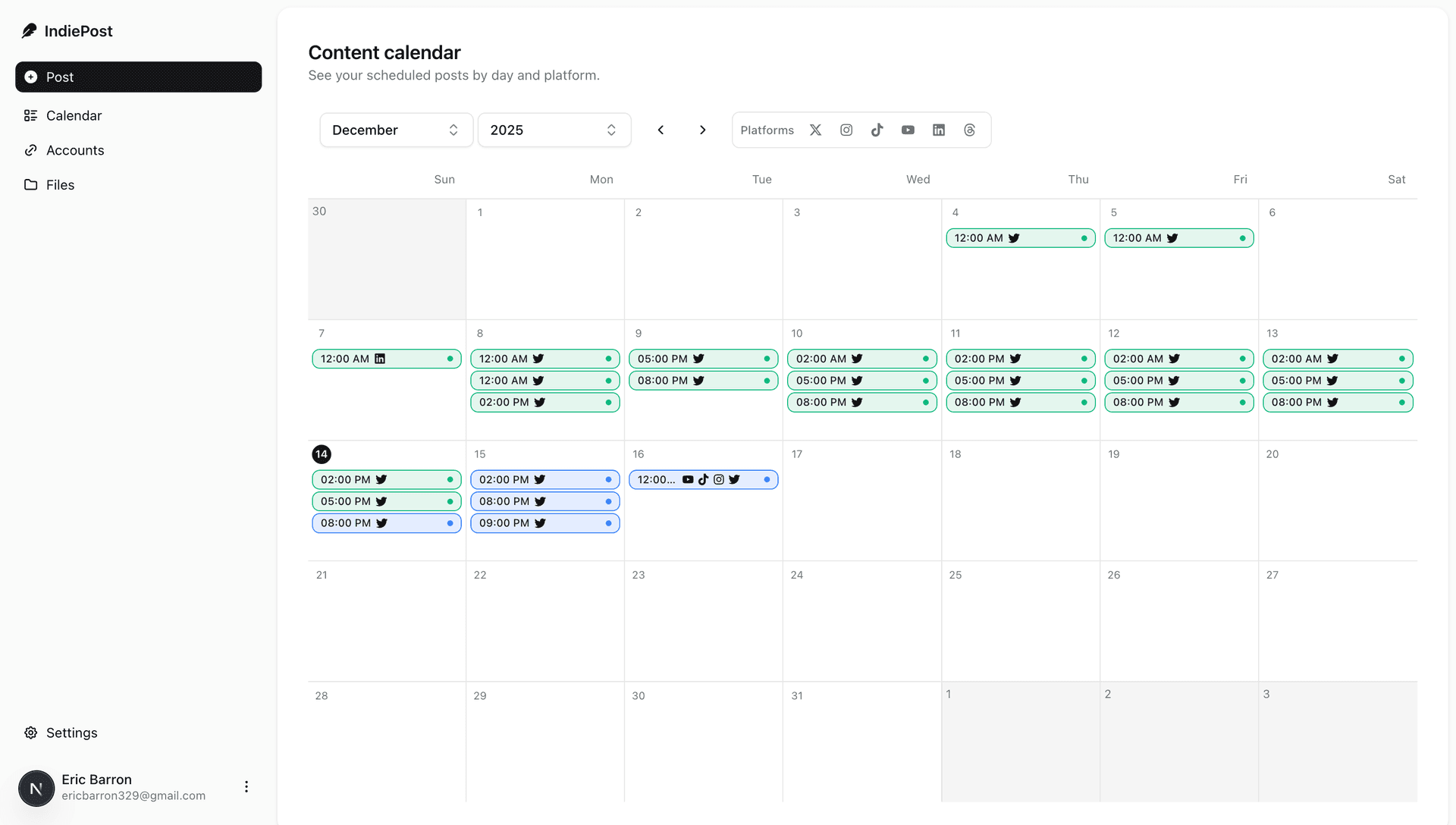 IndiePost dashboard and calendar preview